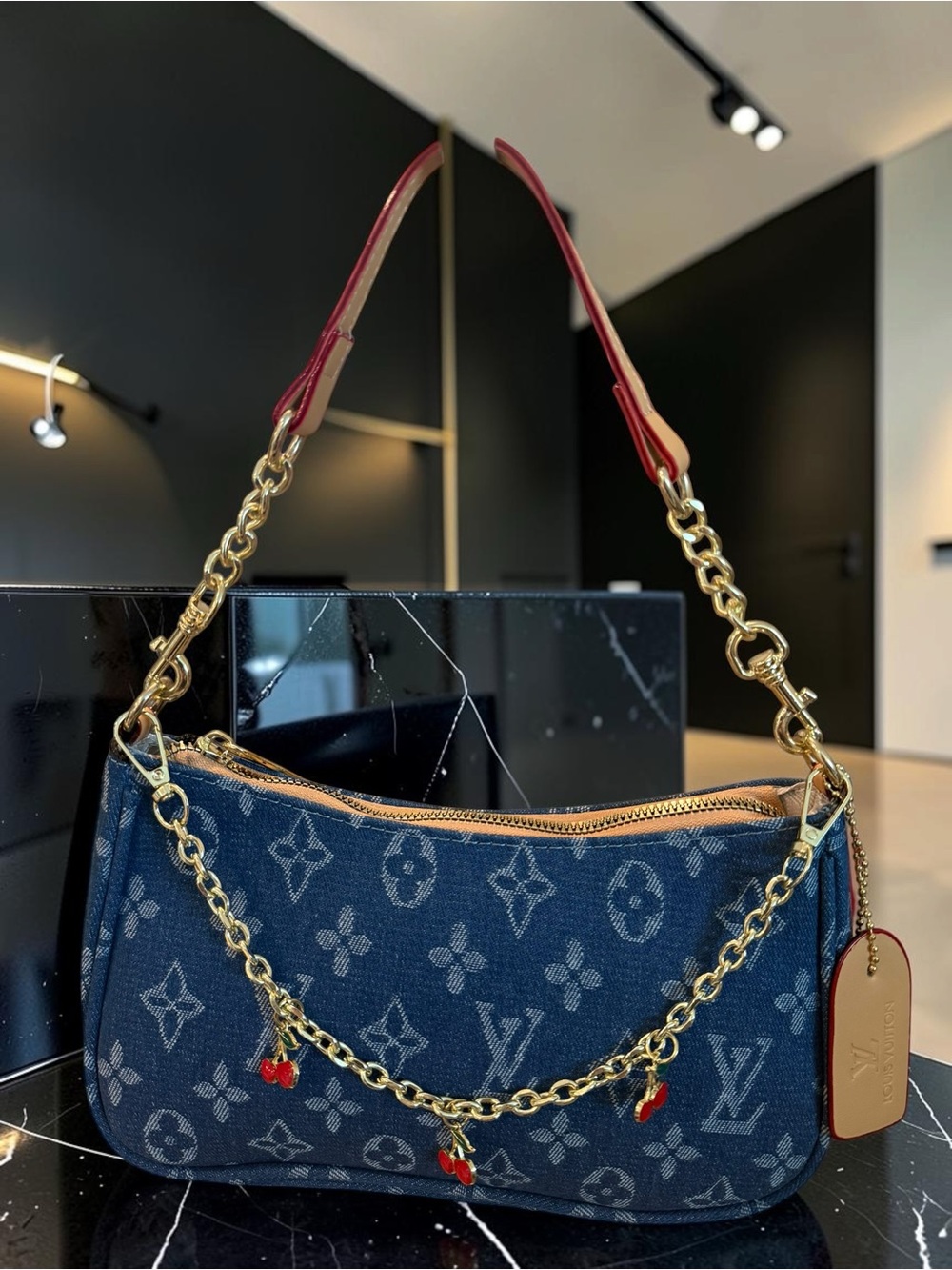 NWOT Source Unknown Denim Monogram Shoulder Bag - Blue with Red Accents